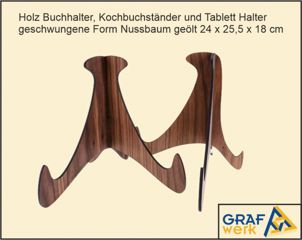 Nussbaum geölt Buchständer und Tablett Halter - geschwungene Form 24 x 25,5 x 18 cm